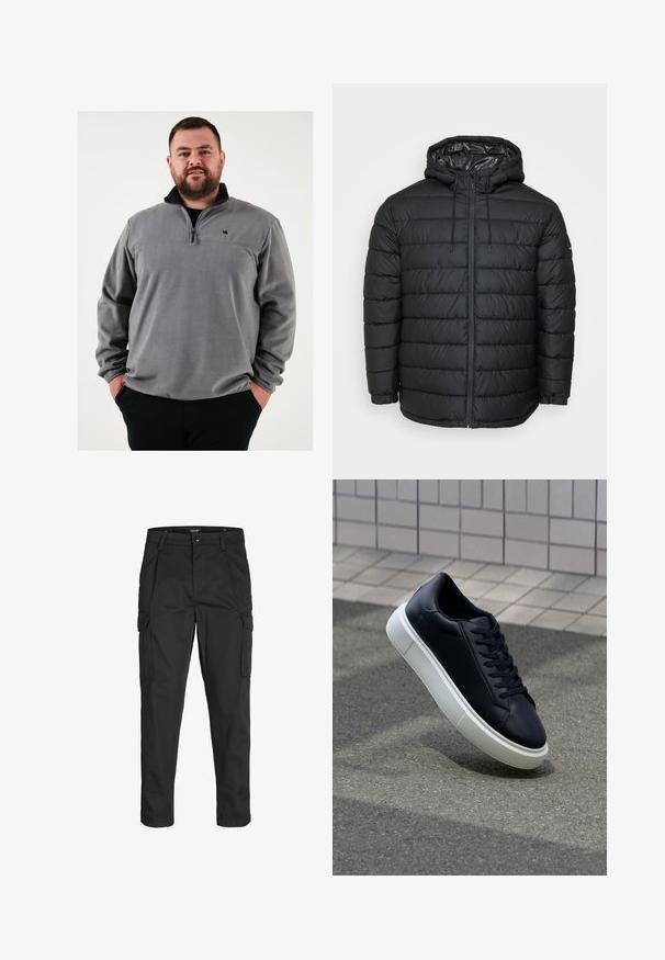 Black puffer jacket with a hood, featuring a quilted pattern, zipper front, drawstring adjustments, and elastic cuffs for a snug fit.; Gray fleece pullover with a half zip, featuring a black collar and small logo on the chest. Soft texture and relaxed fit.; Black cargo pants made of sturdy fabric, featuring multiple pockets, a button closure, and a slim fit design with tapered legs.; Black leather sneaker with rounded toe and white rubber sole. Features flat laces and minimal stitching on the upper. Textured sole for grip.