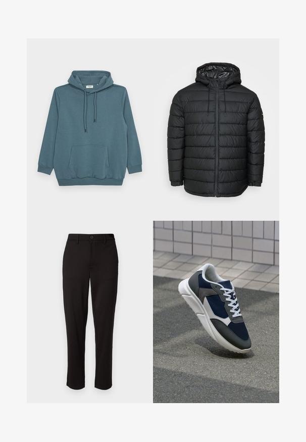 Sort dunjakke med hætte, med quiltet mønster, lynlåslukning foran, snøresystem og elastiske manchetter for en tætsiddende pasform.; Teal hoodie med snøre i hætten, lange ærmer, en frontkangaroo lomme, og ribbede manchetter og kant i et glat stof.; Sorte bukser lavet af letvægtsstof, med lige ben, frontknaplukning, bæltestropper og sidelommer.; Sneakers med en overdel i marineblå mesh, grå suedeteksturer, hvid gummisål og flade hvide snørebånd, designet til komfort og åndbarhed.