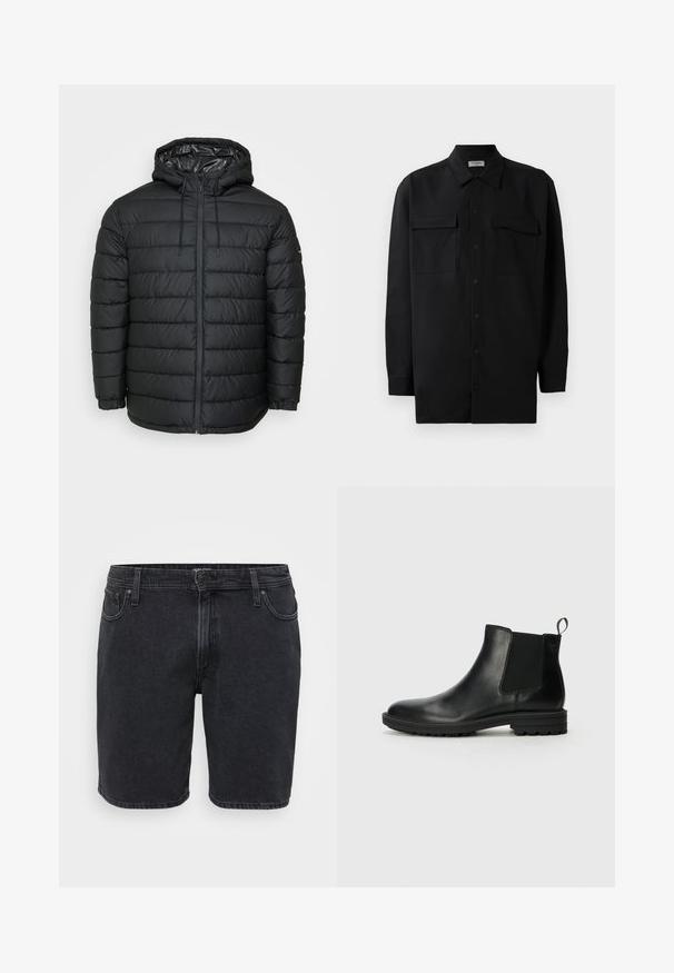 Černá prošívaná péřová bunda s kapucí, vzorovaná prošíváním, se zipem vpředu, nastavitelným šňůrkováním a pružnými manžetami pro těsné přilnutí.; Černá košile na knoflíky vyrobená z hladké tkaniny, s klasickým límcem, dvěma předními kapsami a dlouhými rukávy s knoflíkovými manžetami.; Černé džíny šortky s klasickým designem, mají přední knoflíkové zapínání, poutka na opasek a pět kapes. Lehce vybledlý vzhled.; Jack & Jones JFWHOSKINS - Kotníkové boty - anthracite