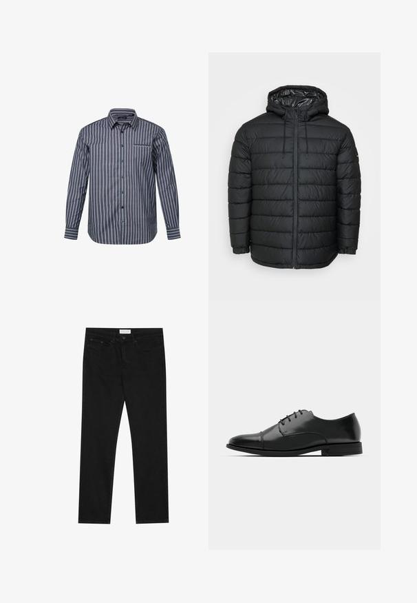 Černá prošívaná péřová bunda s kapucí, vzorovaná prošíváním, se zipem vpředu, nastavitelným šňůrkováním a pružnými manžetami pro těsné přilnutí.; Pruhovaná košile s dlouhým rukávem ve tmavě modré barvě s vertikálními světle růžovými a bílými pruhy. Má límeček a detail kapsy na prsou.; Černé rovné džíny s pěti kapsami, zapínání na knoflík a zip, a štítek značky Pier One na pase.; Černé kožené společenské boty s kulatou špičkou, šněrováním, jemnými švy a nízkým podpatkem. Hladký povrch s lesklým finišem.