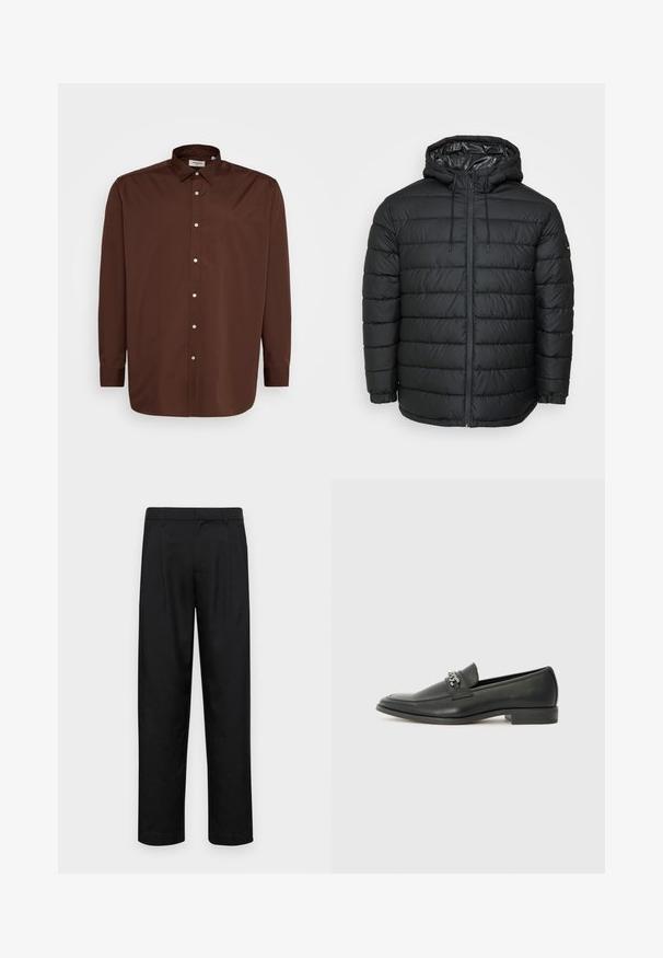 Svart dunjakke med hette, preget av et quiltet mønster, glidelås foran, snorjusteringer og elastiske mansjetter for en tettsittende passform.; Brun knappskjorte med spredt krage, lange ermer og en glatt tekstur. Har hvite knapper langs fronten.; Sorte bukser laget av glatt stoff, med rette ben, to frontfoldninger og standard liv med beltehemper.; Sorte skinnloafers med en glatt finish, og med en sydd design og en dekorativ metallkjedeakcent over foten. Flat hæl.