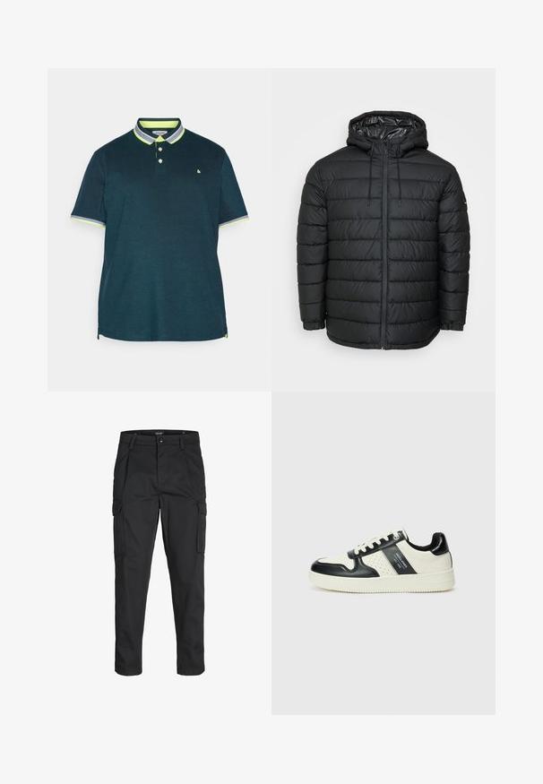 Zwarte pufferjas met capuchon, voorzien van een doorgestikt patroon, ritssluiting aan de voorkant, koordjes voor aanpassing en elastische manchetten voor een strakke pasvorm.; Donkerblauw poloshirt met een twee-knops sluiting. Kenmerkt zich door een contrasterende neongroene kraag en mouwaccenten. Zacht materiaal met een klassieke pasvorm.; Zwarte cargobroek van stevig stof, met meerdere zakken, een knoopsluiting en een slim fit ontwerp met taps toelopende benen.; Leren sneakers met een zwart en crèmekleurig kleurenschema, voorzien van geperforeerde accenten, een gevoerde kraag en een gestructureerde buitenzool.