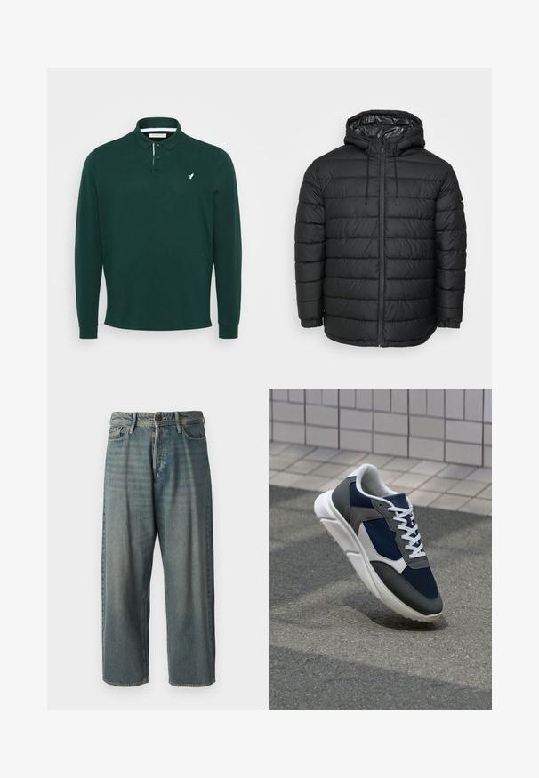 Melnā pūtēja jaka ar kapuci, ar šūtu rakstu, priekšpusē rāvējslēdzēju, regulējamām auklām un elastīgiem aprocēm ciešam pieguļam.; Garums piedurknes polo krekls tumši zaļā kokvilnā, ar balto logotipu uz krūtīm, divu pogu plati un ribota piedurkņu apmale.; Gaiši zili džinsi ar brīvu piegriezumu, vidējo jostas augstumu un taisnām kājām. Satur piecas kabatas, jostas cilpas un pogu aizdari.; Sporta apavi ar tumši zilas krāsas tīkla augšdaļu, pelēku zamšādas akcentiem, baltu gumijas zoli un plakaniem baltiem šņorēm, kas izstrādāti komfortam un elpojamībai.