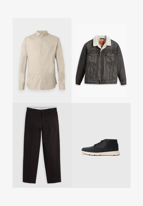 Jachetă din denim negru cu un guler moale din blană crem, sistem de închidere cu butoane, două buzunare la piept și detalii de margine uzate.; Cămașă bej cu mânecă lungă, cu guler ascuțit, șase nasturi frontali și croială ajustată.; Chino negri cu picioare drepte, cu bucle pentru curea, închidere cu nasture și buzunare laterale, expuși pe un fundal gri deschis.; Botoși chukka din piele neagră, cu o talpă din cauciuc alb, având șireturi rotunde și un logo embosat pe călcâi. Textură netedă pe întreaga suprafață.