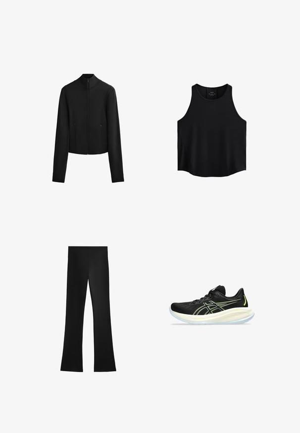Černá zkrácená bunda s vysokým límcem, dlouhými rukávy, předním zipem a bočními kapsami; vyrobená z hladkého, elastického materiálu.; Černý bezrukávový top vyrobený z hladké látky, s kulatým výstřihem, rovného střihu a postranními panely s jemnou texturou.; Černé rozšiřující se kalhoty vyrobené z hladkého, elastického materiálu. Mají vysoký pas a čistý, minimalistický design bez viditelných vzorů.; Černá sportovní bota s prodyšným síťovaným svrškem, která má bílou podrážku, neonově zelené akcenty a aerodynamický design pro lehkou podporu.