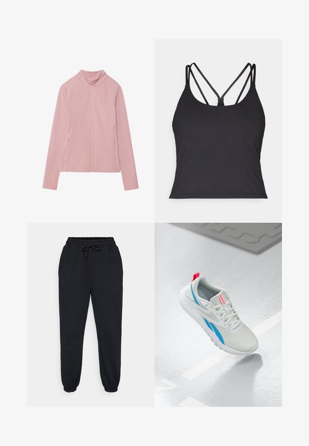Roze zip-up jas met hoge kraag, gemaakt van glad, rekbaar materiaal. Bevat twee zijzakken en raglanmouwen voor optimale bewegingsvrijheid.; Zwarte tanktop met dunne bandjes en een kruisontwerp op de rug. Gemaakt van zachte, rekbare stof met een aansluitende pasvorm.; Zwarte sweatpants van zacht materiaal, met een elastische tailleband met trekkoord, zijzakken en elastische boorden bij de enkels.; Witte en blauwe Reebok sneaker met een rode trekband die boven een glanzende vloer zweeft, met een grijze rubberen mat in de buurt.