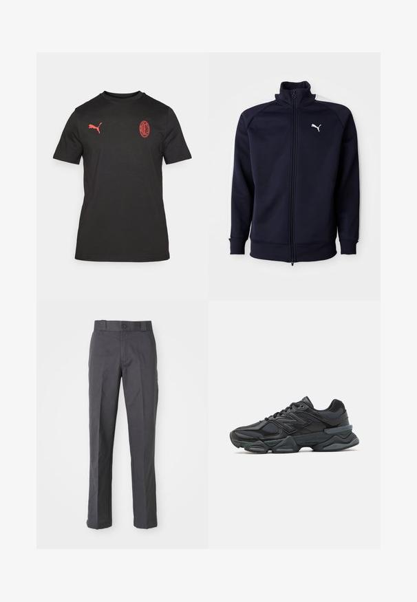 Navy blue zip-up sweatshirt with high collar, ribbed cuffs, and hem. Features white side stripes and a small white Puma logo on the chest.; Black short-sleeve T-shirt made of soft fabric. Features a red Puma logo on the left chest and a red embroidered club emblem on the front.; Dark gray trousers made of cotton blend, featuring a straight-leg design, front pockets, and a button closure at the waist.; Black running shoe featuring a mix of mesh and synthetic materials, chunky sole, curved design, and prominent branding on the side.