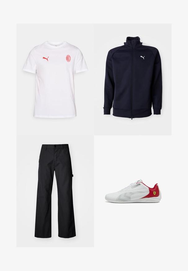Dunkelblauer Zip-Hoodie mit hohem Kragen, gerippten Bündchen und Saum. Verfügt über weiße seitliche Streifen und ein kleines weißes Puma-Logo auf der Brust.; Weißes Baumwoll-T-Shirt mit einem roten Puma-Logo auf der linken Brust und einem roten AC Milan-Wappen, kurzen Ärmeln und einem Rundhalsausschnitt.; Schwarze, weite Hosen aus robustem Stoff. Verfügt über einen Knopfverschluss und Seitentaschen. Glatte Textur mit einem schlichten Design.; Weiße Sportschuhe mit glatter Textur, roten Akzenten, perforierten Details und einem silbernen Akzent nahe den Schnürsenkeln; mit Ferrari-Logo an der Ferse.