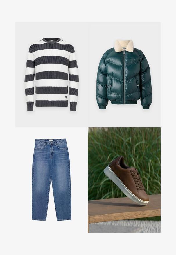 Green puffer jacket with a zip front, shearling collar, quilted pattern, elastic cuffs, and hem, featuring two side pockets.; Striped sweater with thick navy and white horizontal stripes; ribbed texture; crew neck; small triangular accent on the hem.; Blue denim jeans with a high waist, straight leg design, and faded finish. Features five pockets and a button closure.; Brown leather sneaker with white rubber sole, rounded toe, and brown laces. Textured grip on the sole and smooth finish on the upper.