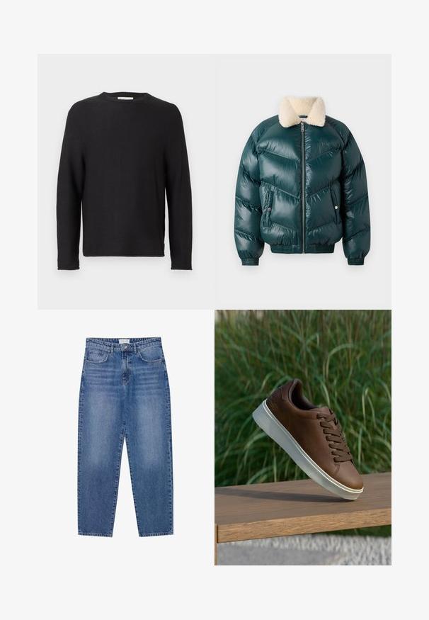 Zöld puffernadrág, elől cipzárral, gyapjú gallérral, steppelt mintával, rugalmas mandzsettákkal és szegéllyel, két oldalsó zsebbel.; Fekete kötött pulóver kerek nyakkivágással és hosszú ujjakkal. Bordás textúrával és varrott szegélyekkel rendelkezik, a nyakkivágásnál címkével.; Kék farmernadrág magas derekú, egyenes szárú dizájnnal és kopott hatással. Öt zsebbel és gombos záródással rendelkezik.; Barna bőr tornacipő fehér gumi talppal, lekerekített orral és barna fűzős kialakítással. A talp texturált tapadással, míg a felsőrész sima felülettel rendelkezik.