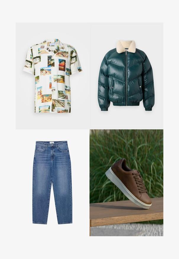 Giacca a vento verde con zip frontale, colletto in pelo, motivo trapuntato, polsini e orlo elasticizzati, dotata di due tasche laterali.; Camicia bianca a maniche corte con una collage di fotografie di scene tropicali in vari colori. Tessuto leggero, chiusura con bottoni e vestibilità comoda.; Jeans in denim blu con vita alta, design a gamba dritta e finitura sbiadita. Presentano cinque tasche e chiusura con bottone.; Sneaker in pelle marrone con suola in gomma bianca, punta arrotondata e lacci marroni. Grip testurizzato sulla suola e finitura liscia sulla parte superiore.