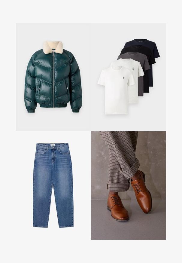 Grüne Puffjacke mit Reißverschluss vorne, Schafspelzkragen, gestepptem Muster, elastischen Bündchen und Saum sowie zwei Seitentaschen.; Fünf kurzärmlige Baumwoll-T-Shirts in Weiß, Hellgrau, Dunkelgrau, Marineblau und Schwarz, jeweils mit einem kleinen Logo auf der Brust.; Blaue Denim-Jeans mit hoher Taille, geradem Bein und ausgebleichtem Finish. Verfügt über fünf Taschen und einen Knopfverschluss.; Braune Lederschuhe haben eine abgerundete Zehenpartie, ein schnürendes Design mit fünf Ösen und kontrastierenden dunklen Schnürsenkeln. Die Hose ist karriert und an den Säumen aufgerollt.