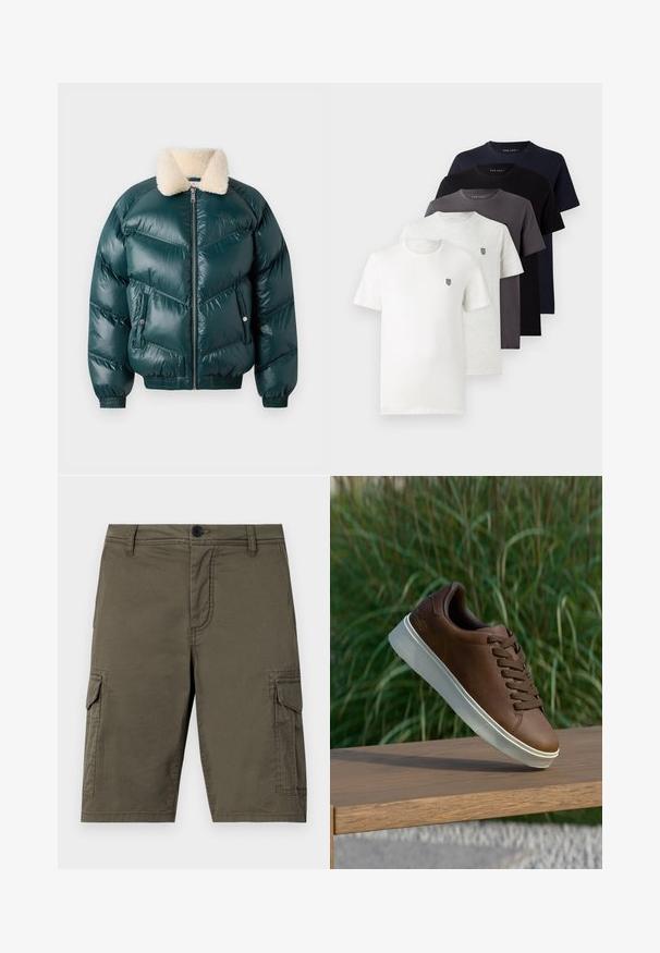 Green puffer jacket with a zip front, shearling collar, quilted pattern, elastic cuffs, and hem, featuring two side pockets.; Five short-sleeve cotton t-shirts in white, light gray, dark gray, navy, and black, featuring a small logo on the chest.; Olive green cargo shorts made of textured fabric featuring two side pockets and a front button closure. Mid-length with straight cut.; Brown leather sneaker with white rubber sole, rounded toe, and brown laces. Textured grip on the sole and smooth finish on the upper.