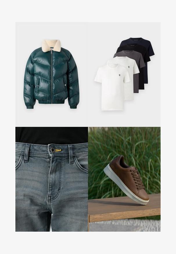 Zelena jakna s naduvanjem s patentnim zatvaračem sprijeda, ovratnikom od šerlina, kviltovanim uzorkom, elastičnim manžetama i rubom, koja sadrži dva bočna džepa.; Pet kratkih rukava od pamučnih majica u bijeloj, svijetlo sivoj, tamno sivoj, mornarskoj i crnoj boji, s malim logom na prsima.; Izblijedjele plave traperice s gumbom, žuti naglasak na pojasu i klasičan dizajn s pet džepova. Tekstura izgleda mekano i istrošeno.; Smeđe kožne tenisice s bijelim gumiranim potplatom, zaobljenim nosom i smešnim vezicama. Teksturirana površina na potplatu i glatka završna obrada na gornjem dijelu.