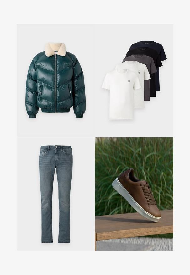 Chaqueta acolchada verde con cierre frontal, cuello de borreguito, patrón acolchado, puños y dobladillo elásticos, y dos bolsillos laterales.; Cinco camisetas de algodón de manga corta en blanco, gris claro, gris oscuro, azul marino y negro, con un pequeño logo en el pecho.; Jeans de denim azul para hombre con corte ajustado, que cuentan con cinco bolsillos, cierre de botón y una sutil textura desgastada.; Zapatilla de cuero marrón con suela de goma blanca, puntera redondeada y cordones marrones. Agarre texturizado en la suela y acabado suave en la parte superior.