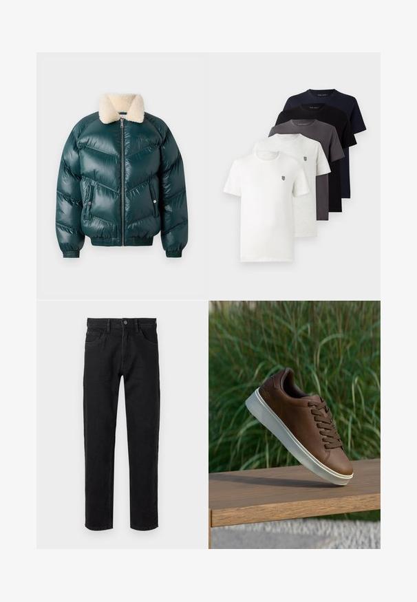 Žalios pūkinės striukės su užtrauktuku priekine dalimi, švelniu apykakle, siūtu raštu, elastinėmis rankogalių ir apatinėmis dalimis, su dviem šoninėmis kišenėmis.; Penki trumpomis rankovėmis medvilniniai marškinėliai baltos, šviesiai pilkos, tamsiai pilkos, mėlynos ir juodos spalvų su mažu logotipu ant krūtinės.; Juodos džinsinės kelnės su tiesia sijono forma, penkių kišenių dizainu ir metaliniu užsegimu. Lygus paviršius su minimaliais išblukimais.; Rudos odinės sportinės bateliai su balta guma padais, suapvalinta nosimi ir rudomis raišteliais. Tekstūruota atrama ant padais ir lygus paviršius viršuje.