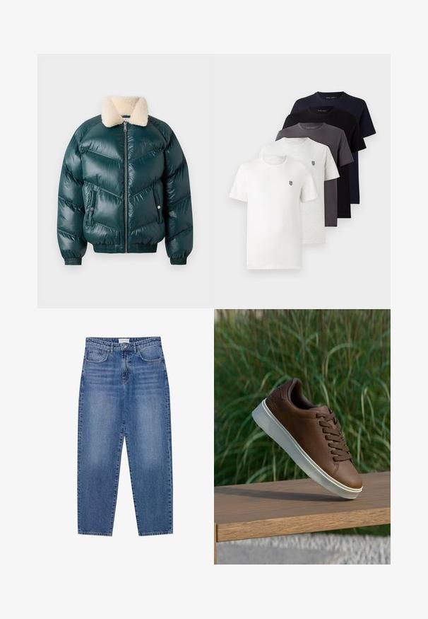 Zelena pufa jakna z zadrgo spredaj, ovčjim ovratnikom, prešito vzorcem, elastičnimi manšeti in robom, ki ima dva stranska žepa.; Pet kratke majice iz bombaža v beli, svetlo sivi, temno sivi, mornarsko modri in črni barvi, z majhnim logotipom na prsih.; Modre kavbojke z visokim pasom, ravnimi nogami in bledejšim videzom. Imajo pet žepov in gumbasto zapiranje.; Rjave usnjene tene s belim gumijastim podplatom, zaobljenim nosom in rjavimi vezalkami. Teksturni oprijem na podplatu in gladka površina na zgornjem delu.