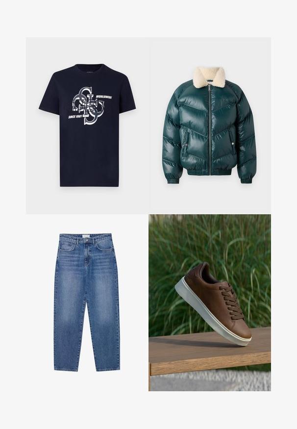 Zielona kurtka puchowa z zamkiem z przodu, kołnierzem z owczej wełny, pikowanym wzorem, elastycznymi mankietami i dolnym wykończeniem, z dwoma bocznymi kieszeniami.; Granatowa bawełniana koszulka z krótkim rękawem z graficznym logo w białym kolorze. Tekst zawiera "Guess", "Worldwide" i "Since 1981".; Niebieskie dżinsy o wysokim stanie, prostym kroju nogawki i wyblakłym wykończeniu. Posiadają pięć kieszeni i zapięcie na guzik.; Brązowe skórzane sneakersy z białą gumową podeszwą, okrągłym noskiem i brązowymi sznurówkami. Teksturowany uchwyt na podeszwie i gładkie wykończenie na górze.