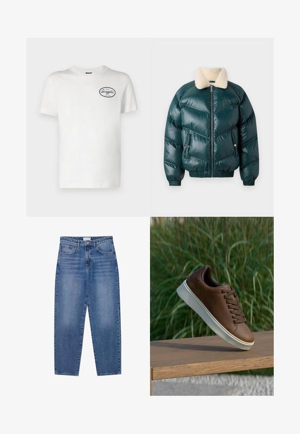 Green puffer jacket with a zip front, shearling collar, quilted pattern, elastic cuffs, and hem, featuring two side pockets.; White cotton t-shirt featuring a round neck, short sleeves, and a navy blue oval logo with the text "BAR Spiaggetta" on the front.; Blue denim jeans with a high waist, straight leg design, and faded finish. Features five pockets and a button closure.; Brown leather sneaker with white rubber sole, rounded toe, and brown laces. Textured grip on the sole and smooth finish on the upper.