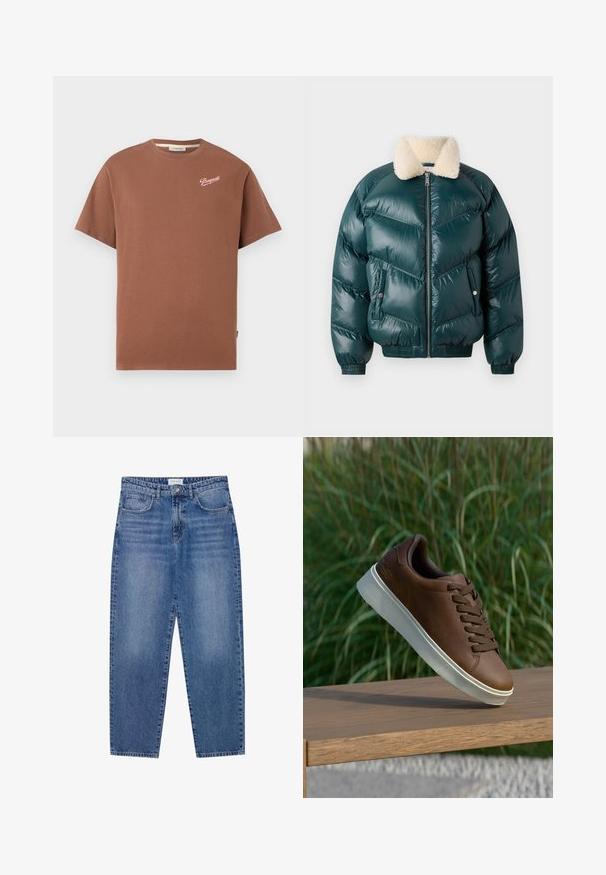 Zelena jakna s naduvanjem s patentnim zatvaračem sprijeda, ovratnikom od šerlina, kviltovanim uzorkom, elastičnim manžetama i rubom, koja sadrži dva bočna džepa.; Smeđi kratkodlaki majica s okruglim izrezom s "Pompeii" logotipom u bijelom okrilju na gornjoj lijevoj strani prsa.; Plave traper hlače s visokim strukom, ravnim nogavicama i izblijedjelim završetkom. Imaju pet džepova i zatvaranje na gumb.; Smeđe kožne tenisice s bijelim gumiranim potplatom, zaobljenim nosom i smešnim vezicama. Teksturirana površina na potplatu i glatka završna obrada na gornjem dijelu.