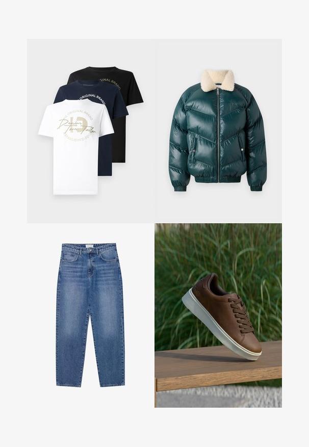 Zelená zatváracia bunda s predným zipsom, berberským golierom, prešívaným vzorom, elastickými manžetami a spodným lemom, so zdvojenými bočnými vreckami.; Tričko s okrúhlym výstrihom v bielej, námorníckej a čiernej bavlne, s zlatým grafickým logom na bielom tričku a textom v kruhovom dizajne.; Modré denimové džínsy s vysokým pásom, rovný strih a vyblednutý vzhľad. Obsahujú päť vreciek a zapínanie na gombík.; Hnedé kožené tenisky s bielou gumovou podrážkou, zaoblenou špičkou a hnedými šnúrkami. Textúrovaný grip na podrážke a hladký povrch na vrchnej časti.