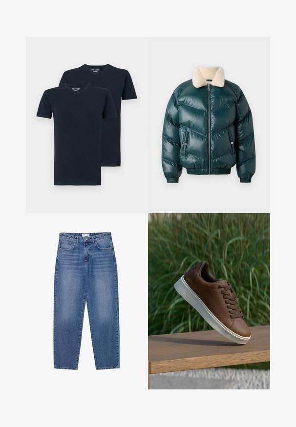 Zelena pufa jakna z zadrgo spredaj, ovčjim ovratnikom, prešito vzorcem, elastičnimi manšeti in robom, ki ima dva stranska žepa.; Dve temno modre majice s kratkimi rokavi, izdelane iz gladkega bombaža, z okruglim izrezom in preprostim, enobarvnim dizajnom.; Modre kavbojke z visokim pasom, ravnimi nogami in bledejšim videzom. Imajo pet žepov in gumbasto zapiranje.; Rjave usnjene tene s belim gumijastim podplatom, zaobljenim nosom in rjavimi vezalkami. Teksturni oprijem na podplatu in gladka površina na zgornjem delu.