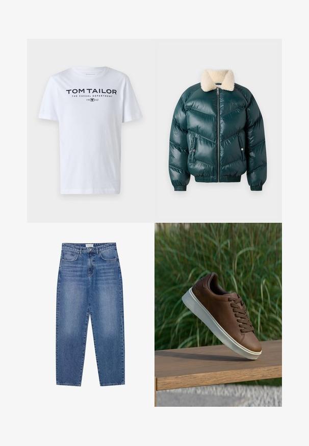 Zelena jakna s naduvanjem s patentnim zatvaračem sprijeda, ovratnikom od šerlina, kviltovanim uzorkom, elastičnim manžetama i rubom, koja sadrži dva bočna džepa.; Bijela pamučna majica s okruglim izrezom, kratkim rukavima i tamnoplavim natpisom "TOM TAILOR THE CASUAL DEPARTMENT 1962."; Plave traper hlače s visokim strukom, ravnim nogavicama i izblijedjelim završetkom. Imaju pet džepova i zatvaranje na gumb.; Smeđe kožne tenisice s bijelim gumiranim potplatom, zaobljenim nosom i smešnim vezicama. Teksturirana površina na potplatu i glatka završna obrada na gornjem dijelu.