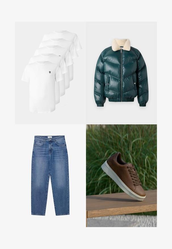 Vihreä puffatakki, jossa on vetoketju edessä, turkismainen kaulus, tikattu kuvio, elastiset hihansuut ja helma, sekä kaksi sivutaskua.; Valkoiset puuvillateepaidat, joissa on pyöreä kaula-aukko, lyhyet hihat ja pieni musta emblem rintapielessä. Viisi paitaa esillä pinottuna.; Sininen farkut korkealla vyötäröllä, suora lahje ja haalistunut viimeistely. Sisältää viisi taskua ja nappikiinnityksen.; Ruskeat nahkakengät valkoisella kumipohjalla, pyöristetty kärki ja ruskeat nauhat. Pohjassa on karhea pinta ja yläosassa sileä viimeistely.