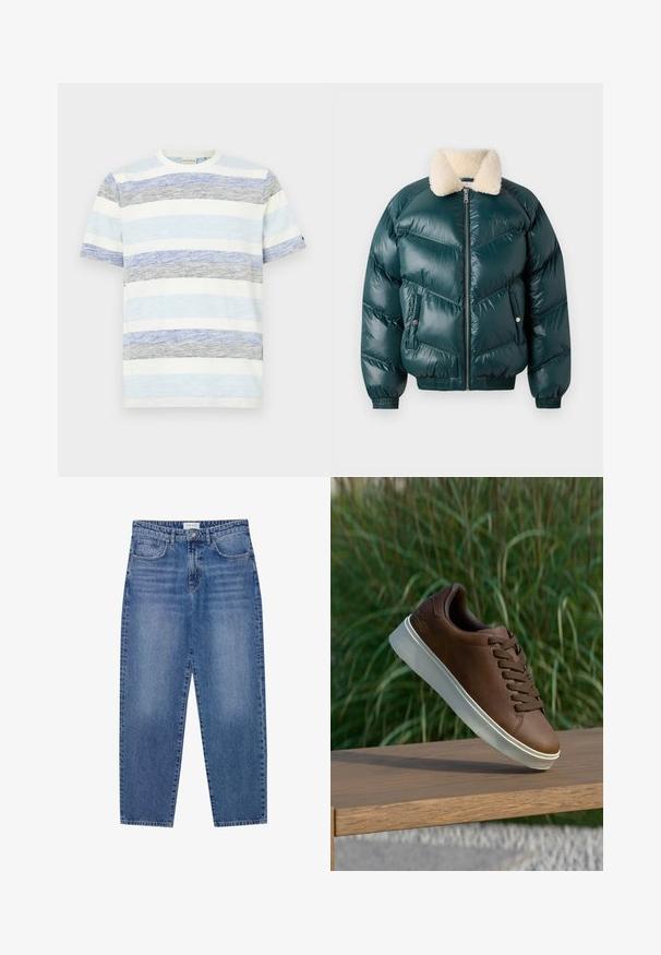 Grüne Puffjacke mit Reißverschluss vorne, Schafspelzkragen, gestepptem Muster, elastischen Bündchen und Saum sowie zwei Seitentaschen.; Gestreiftes T-Shirt in Blau-, Grau- und Weißtönen, mit kurzen Ärmeln, Rundhalsausschnitt und einem weichen, strukturierten Stoff.; Blaue Denim-Jeans mit hoher Taille, geradem Bein und ausgebleichtem Finish. Verfügt über fünf Taschen und einen Knopfverschluss.; Braune Ledersneaker mit weißer Gummisohle, runder Zehenform und braunen Schnürsenkeln. Strukturierte Grip-Oberfläche auf der Sohle und glatte Verarbeitung im oberen Bereich.