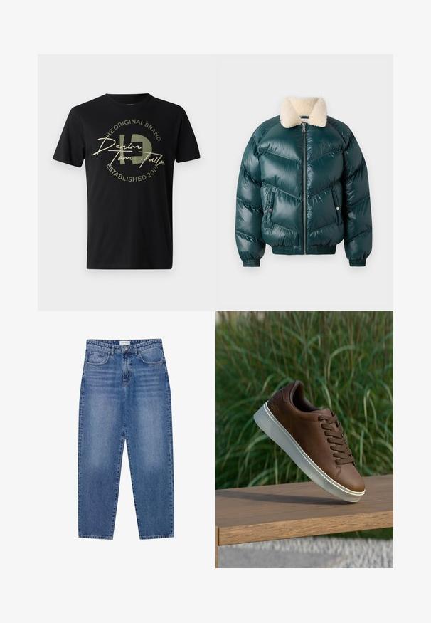Zaļš pūšamais mētelis ar rāvējslēdzēju priekšpusē, vilnas apkakli, quilted rakstu, elastīgām piedurknēm un apakšmalu, ar divām sānu kabatām.; Melna kokvilnas T-krekliņš ar apaļu kakla izgriezumu. Priekšējā pusē ir dizains ar tekstu "Denim Tom Tailor" un "Established 2000" gaismas zaļā krāsā.; Zili džinsi ar augstu jostasvietu, taisnu kāju dizainu un izbalējušu apdari. Iespļautas piecas kabatas un pogas aizdare.; Brūni ādas tenisi ar baltu gumijas zoli, noapaļota purngala un brūniem šņorēm. Zoles teksturētā saķere un gluda virsma augšdaļā.