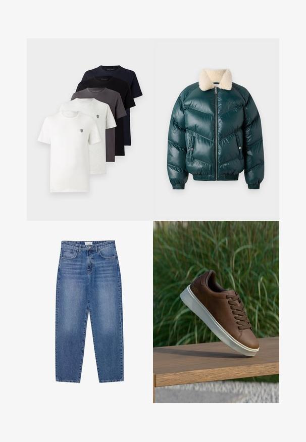 Zöld puffernadrág, elől cipzárral, gyapjú gallérral, steppelt mintával, rugalmas mandzsettákkal és szegéllyel, két oldalsó zsebbel.; Öt rövid ujjú pamut póló fehér, világosszürke, sötétszürke, tengerész-kék és fekete színben, kis logóval a mellrészen.; Kék farmernadrág magas derekú, egyenes szárú dizájnnal és kopott hatással. Öt zsebbel és gombos záródással rendelkezik.; Barna bőr tornacipő fehér gumi talppal, lekerekített orral és barna fűzős kialakítással. A talp texturált tapadással, míg a felsőrész sima felülettel rendelkezik.