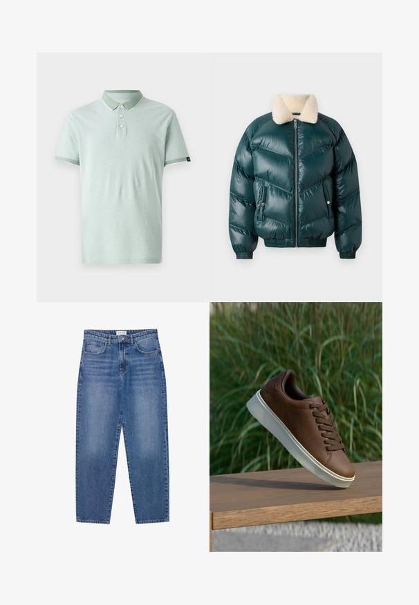 Casaco puffer verde com fecho frontal, colarinho de pelúcia, padrão acolchoado, punhos e bainha elásticos, com dois bolsos laterais.; Camisa polo verde-claro feita de um tecido macio, com um colarinho clássico, três botões, e detalhes brancos no colarinho e nas mangas.; Jeans de ganga azuis com cintura alta, design de perna reta e acabamento desbotado. Apresenta cinco bolsos e fecho de botão.; Sapatilha de couro castanho com sola de borracha branca, bico redondo e atacadores castanhos. Superfície texturizada na sola e acabamento suave na parte superior.