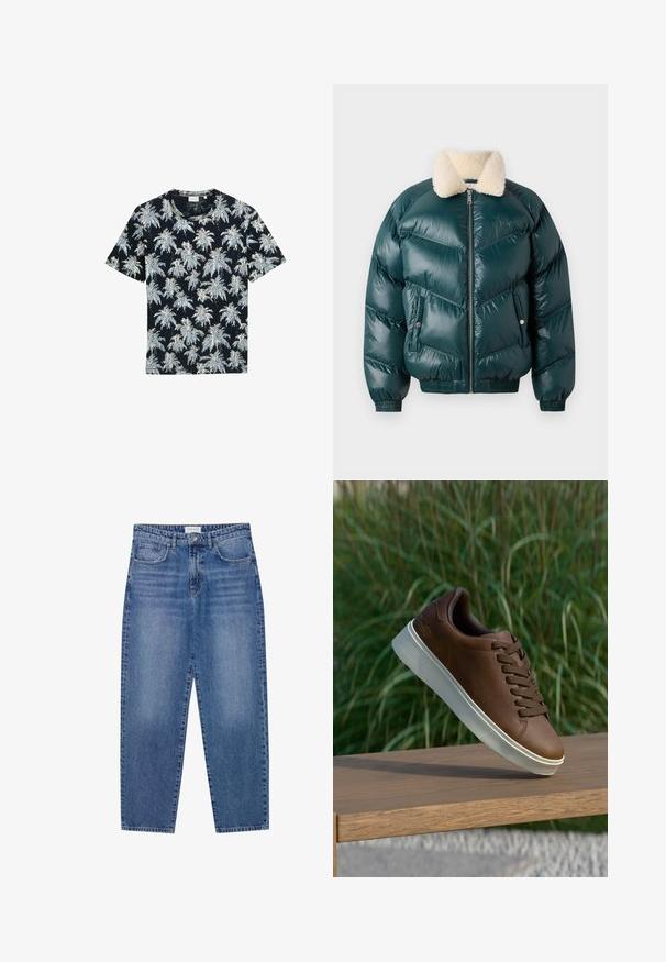 Vihreä puffatakki, jossa on vetoketju edessä, turkismainen kaulus, tikattu kuvio, elastiset hihansuut ja helma, sekä kaksi sivutaskua.; Lyhythihainen tummansininen t-paita, jossa on valkoisia ja vaaleansinisiä palmupuiden kuvioita. Valmistettu pehmeästä kankaasta, jossa on pyöreä kaula-aukko ja rento malli.; Sininen farkut korkealla vyötäröllä, suora lahje ja haalistunut viimeistely. Sisältää viisi taskua ja nappikiinnityksen.; Ruskeat nahkakengät valkoisella kumipohjalla, pyöristetty kärki ja ruskeat nauhat. Pohjassa on karhea pinta ja yläosassa sileä viimeistely.