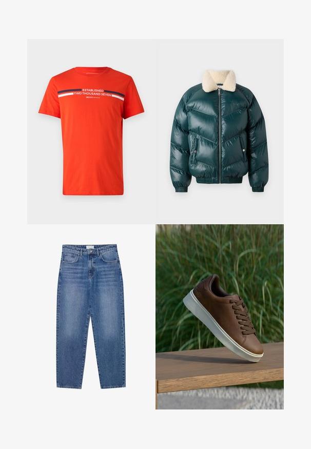 Žalios pūkinės striukės su užtrauktuku priekine dalimi, švelniu apykakle, siūtu raštu, elastinėmis rankogalių ir apatinėmis dalimis, su dviem šoninėmis kišenėmis.; Raudonas medvilnės marškinėlis su trumpomisRankovėmis, apvalia kaklo iškirpte ir priekyje spausdinta užrašu "ĮKURTA DU TŪKSTANČIAI SEPTYNI" baltais ir mėlynais dryžiais.; Mėlyni džinsai su aukštu liemeniu, tiesiomis kojomis ir nusidėvėjusiu paviršiumi. Turi penkias kišenes ir mygtukų užsegimą.; Rudos odinės sportinės bateliai su balta guma padais, suapvalinta nosimi ir rudomis raišteliais. Tekstūruota atrama ant padais ir lygus paviršius viršuje.