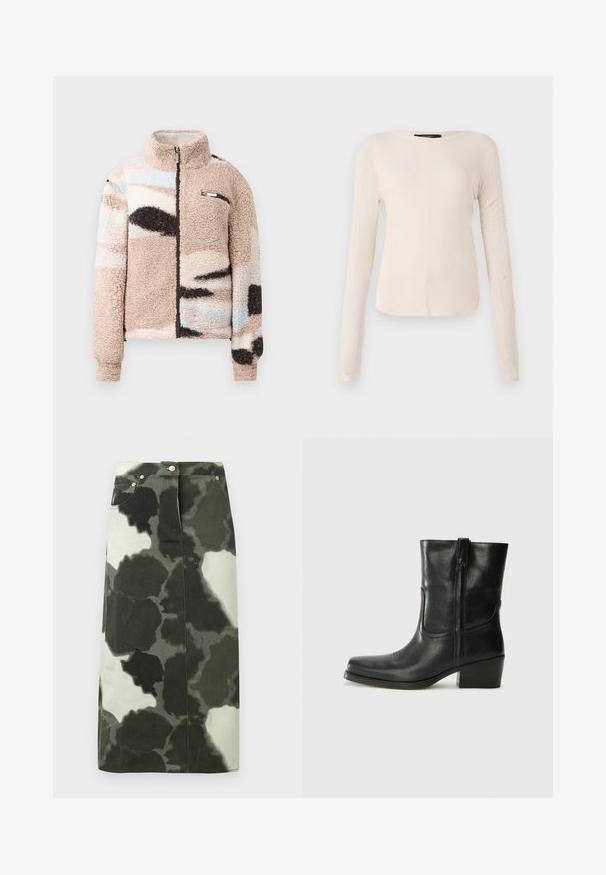 Jachetă din fleece pufoasă, bej, cu fermoar pe față, având imprimeuri abstracte în nuanțe pastelate și un mic buzunar pe piept cu accente metalice.; Top cu mânecă lungă, de culoare bej deschis, cu decolteu rotund. Realizat dintr-un material moale, prezintă o cusătură centrală și un tiv ușor curbat. Fără elemente de prindere vizibile.; Fustă din denim cu model camouflage în tonuri de verde închis și negru, cu talie înaltă, patru buzunare și accente metalice. Lungime medie și croi drept.; Botine din piele neagră, cu vârf rotund, toc pătrat, fermoar pe lateral și accente de cusături pe partea superioară. Textură netedă, design clasic.