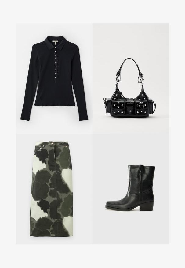Flauschige, beige Fleecejacke mit Reißverschluss, die abstrakte Pastellmuster und eine kleine Brusttasche mit metallischen Akzenten aufweist.; Schwarz langärmliges Polohemd mit geripptem Design, Knopfleiste und schmaler Passform. Mit klassischem Kragen und seitlichen Schlitzen.; Cargohosenrock mit Camouflage-Muster in Dunkelgrün und Schwarz, mit hoher Taille, vier Taschen und metallic Akzenten. Mittellang und gerade geschnitten.; Schwarze Leder-Ankle Boots mit runder Zehenform, Blockabsatz, seitlichem Reißverschluss und gestickten Akzenten auf dem Blatt. Glatte Textur, klassisches Design.; Schwarze Lederhandtasche mit einem geschwungenen Design, verziert mit silbernen Nieten, einer Schnalle und zwei seitlichen Taschen. Verstellbarer Träger für verschiedene Tragemöglichkeiten.