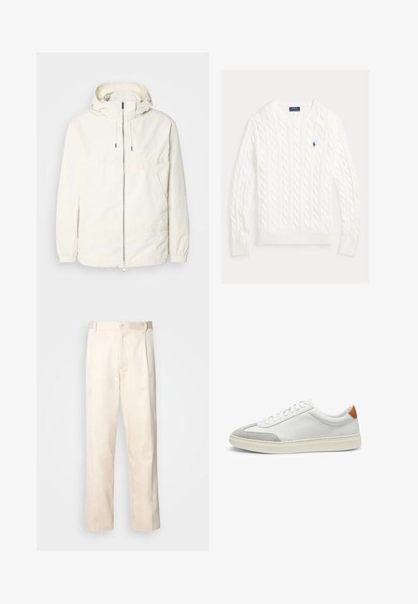 Giacca leggera di colore crema con cappuccio, chiusura frontale con zip, polsini elastici e tasca a marsupio. Tessuto liscio con dettagli di cucitura minimi.; Maglione bianco a coste con colletto e polsini a coste, con un piccolo logo polo blu sul petto. Realizzato in materiale morbido e strutturato.; Pantaloni in cotone beige con taglio dritto, dotati di chiusura a bottone e pence sul davanti per un tocco di dettaglio in più.; Sneakers bianchi in pelle con accenti in suede grigio e un tallone in pelle beige. Presentano una superficie testurizzata e una suola leggera.