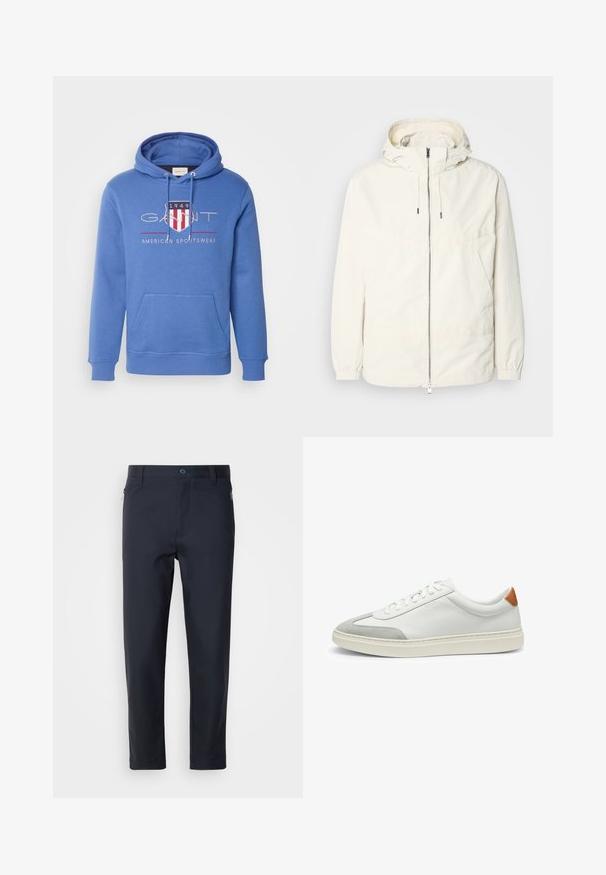 Giacca leggera di colore crema con cappuccio, chiusura frontale con zip, polsini elastici e tasca a marsupio. Tessuto liscio con dettagli di cucitura minimi.; GANT ARCHIVE SHIELD - Felpa con cappuccio - rich blue; Pantaloni su misura blu navy realizzati in tessuto liscio, con tasca con zip, gamba dritta e chiusura a bottone in vita.; Sneakers bianchi in pelle con accenti in suede grigio e un tallone in pelle beige. Presentano una superficie testurizzata e una suola leggera.