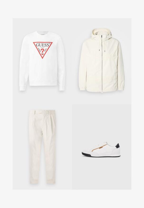 Giacca leggera di colore crema con cappuccio, chiusura frontale con zip, polsini elastici e tasca a marsupio. Tessuto liscio con dettagli di cucitura minimi.; Felpa bianca in cotone con un grande logo triangolare rosso contenente la scritta "GUESS U.S.A." e "WASHED JEANS", e un'icona centrale a forma di punto interrogativo.; Pantaloni bianchi plissettati con taglio su misura, caratterizzati da una texture liscia, passanti per la cintura e gambe affusolate. Nessuna tasca o motivo visibile.; Scarpe sportive bianche con accenti in rete e pelle. Presentano un logo dorato "BOSS", pannelli laterali testurizzati e un copri tallone nero. Suola in gomma.