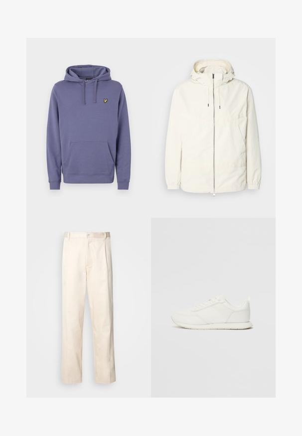Ľahká, krémová bunda s kapucňou, zipsom vpredu, elastickými manžetami a klokannou vreckom. Hladká tkanina s minimálnymi stehovými detailmi.; Purpurový mikina s prednou vreckom, kapucňou so šnúrkou, rebrovanými manžetami a malým žltým vyšitým logom na hrudi.; Béžové bavlnené nohavice so strihom rovného nohu, s gombíkovým zapínaním a záhybmi vpredu pre pridanie detailu.; Biele tenisky s sieťovaným a syntetickým zvrškom, okrúly špička, ploché šnúrky a štruktúrovaný pruh na boku. Gumová podrážka s pútkom na zadnej strane.