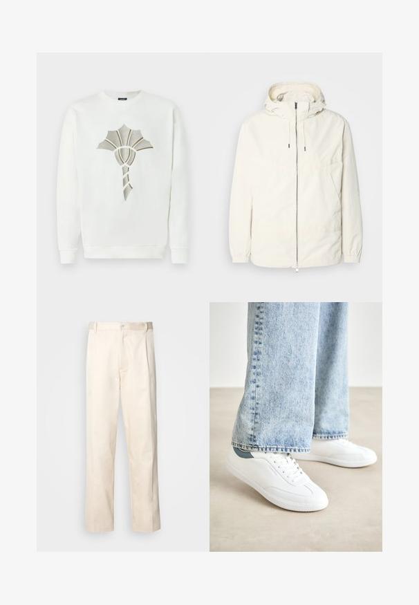 Kerge, kreemivärvi jakk, kapuutsiga, lukuga ees, elastsete mansettide ja känguru taskuga. Sile kangas minimaalsete õmblusdetailidega.; Valge sweatshirt, mille keskel on tekstuuriline metallik kuldse ja hõbedase kestaga disain; omab ümmargust kaelust ja soonikuksi.; Beesidised puuvillased püksid sirge jala lõikega, mis on varustatud nööpkinnituse ja ees olevate voltidega, et lisada detaili.; Valged spordijalatsid sileda materjaliga, nööridega mudel, tekstuurne kummitald ja türkiissinine aksent kandadel, koos heledate siniste teksadega.