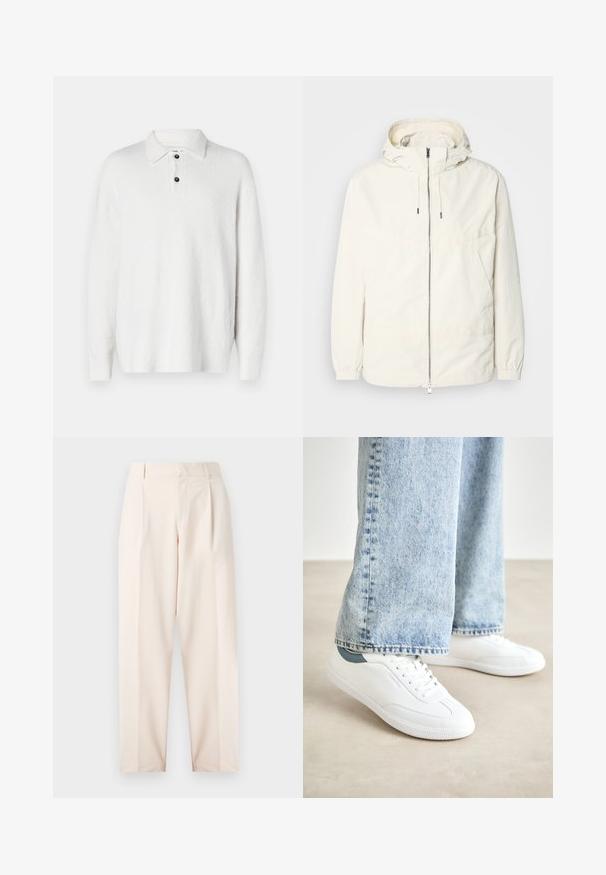 Lagani, kremasti kaput s kapuljačom, zatvaranjem na zip, elastičnim manžetama i kengur džepom. Glatka tkanina s minimalnim detaljima šivanja.; Bijela pulover s teksturiranim, mekanim materijalom. Ima klasičan ovratnik, s tri gumba i duge rukave. Jednostavan dizajn, bez uzoraka.; Bež hlače s visokim strukom, plitkim nabranim detaljima i ravnim nogavicama. Izrađene od glatkog materijala s bočnim džepovima i jednostavnim završetkom.; Bijele tenisice od glatkog materijala, s vezivanjem, teksturiranom gumom potplatom i tirkiznim detaljem na peti, u kombinaciji s svijetloplavim trapericama.