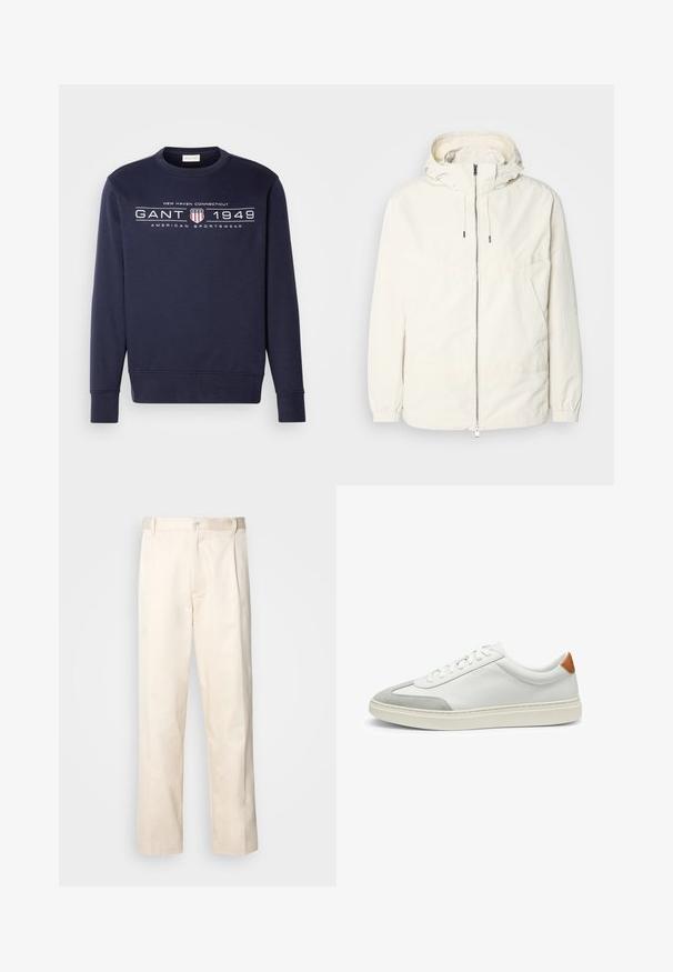 Lightweight, cream-colored jacket with a hood, zip front, elastic cuffs, and a kangaroo pocket. Smooth fabric with minimal stitching details.; Navy blue sweatshirt with a crew neckline. Features white text and graphics "GANT 1949" and a shield emblem. Long sleeves and ribbed cuffs.; Beige cotton trousers with a straight-leg cut, featuring a button closure and pleats at the front for added detail.; White leather sneakers with gray suede accents and a tan leather heel tab. Features a textured surface and lightweight sole.