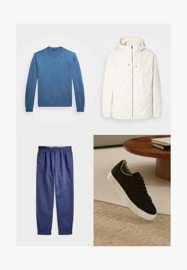 Gaisas, krēmkrāsas jaka ar kapuci, ar rāvējslēdzēju priekšpusē, elastīgām aprocēm un kangaroo kabatu. Gluda auduma virsma ar minimālām šuvju detaļām.; Zils ar apaļu kakla izgriezumu svīteris, kas izgatavots no teksturēta dzijas auduma, ar garām piedurknēm un ribotu apakšmalu, ar mazu logotipu uz krūšu daļas.; Navy krāsas kokvilnas bikses ar brīvu piegriezumu, ar krokām priekšpusē, divām sānu kabatām un pogu aizdari jostasvietā.; Melni sporta apavi ar baltu zoli, kas peld virs bēša tekstūrēta paklāja netālu no apaļa koka galda ar sakrautiem grāmatām.