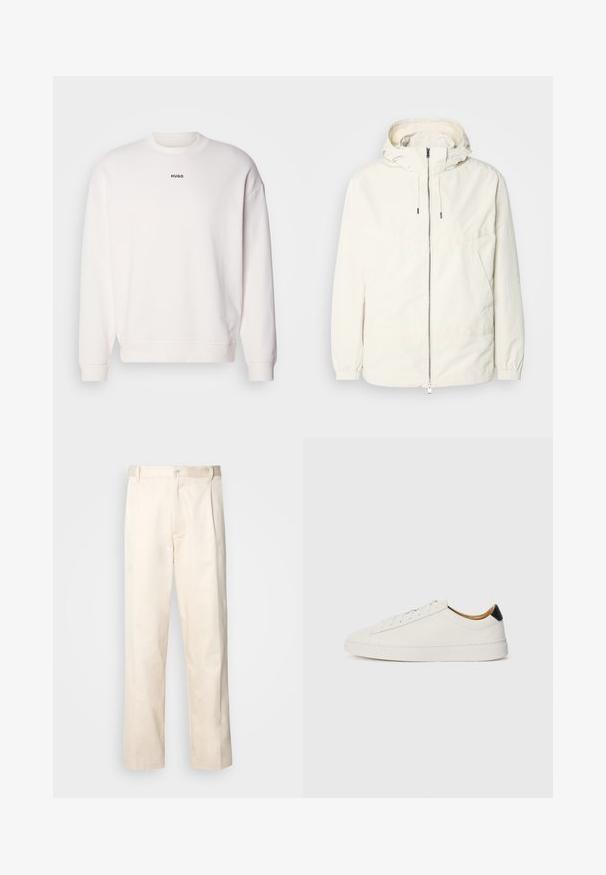 Chaqueta ligera de color crema con capucha, cierre de cremallera en la parte delantera, puños elásticos y un bolsillo tipo canguro. Tejido suave con detalles de costura mínimos.; Sudadera blanca de cuello redondo hecha de una suave mezcla de algodón, con un corte relajado, puños de canalé y el logo "HUGO" en negro en el pecho.; Pantalones de algodón beige con corte recto, que cuentan con un cierre de botón y pliegues en la parte frontal para un detalle adicional.; Zapatilla blanca con parte superior de cuero suave, punta redonda y suela plana. Acento negro en el talón, con cordones tonales y un branding minimalista.