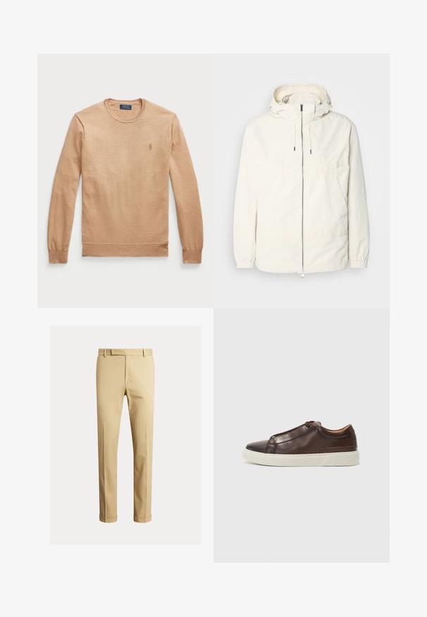 Lichte, crèmekleurige jas met een capuchon, rits aan de voorkant, elastische manchetten en een kangoeroezak. Glad materiaal met minimale stikdetails.; Beige trui met lange mouwen en een ronde hals, gemaakt van een gestructureerde stof. Bevat een geborduurd logo op de linkerborst.; Khaki chinos van soepele katoenstof, met een slank ontwerp, voorplooien en boorden bij de enkel voor een taps toelopende uitstraling.; Bruine leren sneaker met een ronde neus, contrasterende witte rubberen zool, gestikte accenten en geen zichtbare veters. Over het algemeen een gladde textuur.