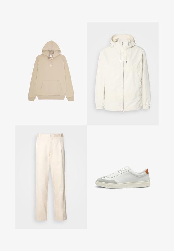 Giacca leggera di colore crema con cappuccio, chiusura frontale con zip, polsini elastici e tasca a marsupio. Tessuto liscio con dettagli di cucitura minimi.; Felpa beige con cappuccio, tasca frontale a marsupio, cappuccio con coulisse, polsini a costine e stampa bianca "II" sul petto.; Pantaloni in cotone beige con taglio dritto, dotati di chiusura a bottone e pence sul davanti per un tocco di dettaglio in più.; Sneakers bianchi in pelle con accenti in suede grigio e un tallone in pelle beige. Presentano una superficie testurizzata e una suola leggera.