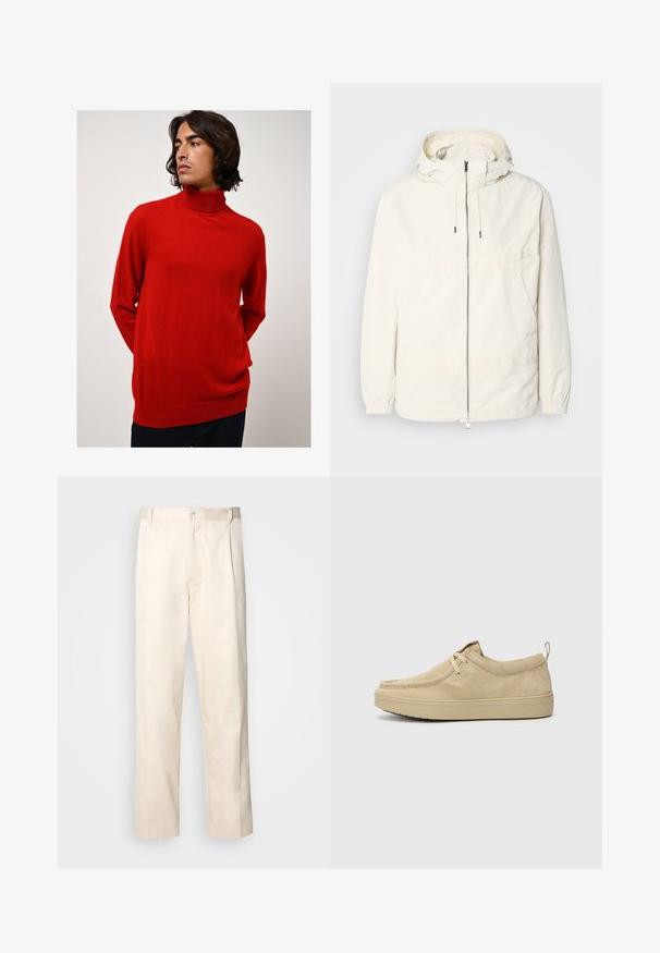 Chaqueta ligera de color crema con capucha, cierre de cremallera en la parte delantera, puños elásticos y un bolsillo tipo canguro. Tejido suave con detalles de costura mínimos.; Suéter rojo de cuello alto hecho de un material suave. Cuenta con mangas largas, un ajuste relajado y una textura acanalada en los puños y el dobladillo.; Pantalones de algodón beige con corte recto, que cuentan con un cierre de botón y pliegues en la parte frontal para un detalle adicional.; Zapatos slip-on de ante beige con punta redondeada, costuras mínimas y suela de goma. Textura suave con un sutil acento de marca en el talón.