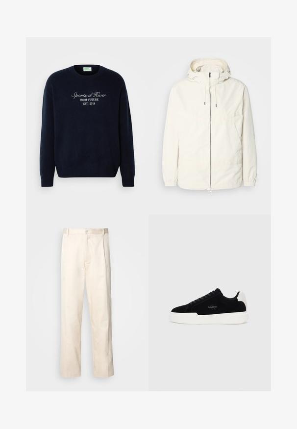 Lekka, kremowa kurtka z kapturem, zapinana na zamek, z elastycznymi mankietami i kieszenią typu kangur. Gładki materiał z minimalnymi detalami szwów.; Granatowy sweter uszyty z miękkiego materiału, z klasycznym okrągłym dekoltem i haftowanym napisem: "Sports d'Hiver FROM FUTURE EST. 2018."; Beżowe bawełniane spodnie o prostym kroju nogawki, z zapięciem na guziki i plisami z przodu dla dodatkowego zdobienia.; Czarne niskie sneakersy z białą podeszwą i uchwytem na pięcie, sznurowane z przodu, z logo Calvin Klein po boku.