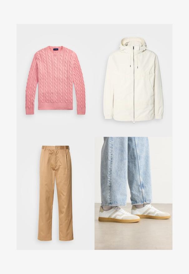 Gaisas, krēmkrāsas jaka ar kapuci, ar rāvējslēdzēju priekšpusē, elastīgām aprocēm un kangaroo kabatu. Gluda auduma virsma ar minimālām šuvju detaļām.; Rozā adīta džemperis ar apaļu izgriezumu un ribu apakšmalu. Iezīmē teksturētu rakstu un garām piedurknēm. Izgatavots no mīksta adīta materiāla.; Khaķi bikses, kokvilnas maisījums, taisna kāja, priekšējās krokas, jostas cilpas un pogu aizdare. Gluda tekstūra bez rakstiem.; Baltas sporta apavi ar bežām zamšādām akcentiem un gaišiem gumijas zoliņām; iekļauj zemu topa dizainu un teksturētu detaļām augšdaļā.